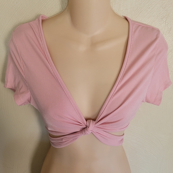 SHEIN Pink Tie Front Solid Rib-Knit Crop Top Size Women's Small 4 - Picture 6 of 10